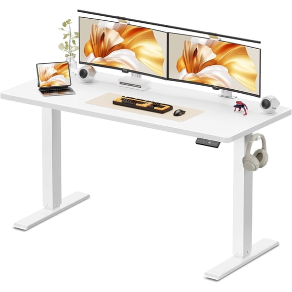 GLZ'HOME 55x24 Inches Height Adjustable Electric Standing Desk with 2 Hooks for Home Office, Ergonomic Sit Stand up Desk with Splice Board, White