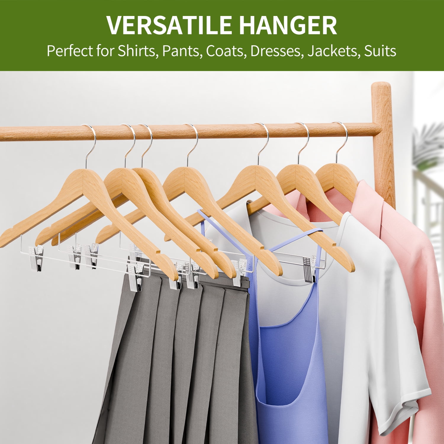 Wooden Hanger with Clips 12 Pack : Askmuse Natural Coat Hanger for Closet, Wooden Clothing Hanger with Shoulder Grooves, 360 Degree Rotatable Hook, Wood Hanger for Shirts, Jackets, Dress, Pant