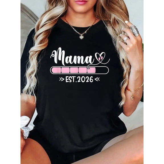 100% Cotton Mama est. 2026 Pregnancy Announcement Mom T-Shirt Print Round Neck Cotton T-Shirt, Summer Women's Tops, gift