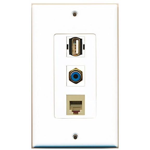 RiteAV - 1 Port RCA Blue and 1 Port USB A-A and 1 Port Phone RJ11 RJ12 Beige Decorative Wall Plate Decorative