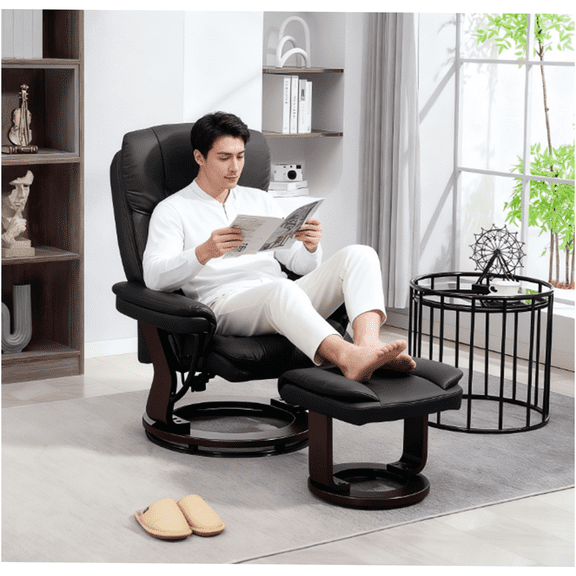 JERFIT 360 Swivel Recliner Chair with Ottoman, PU Leather Recliner with Footrest for Living Room, Adjustable Reading Chair, Black