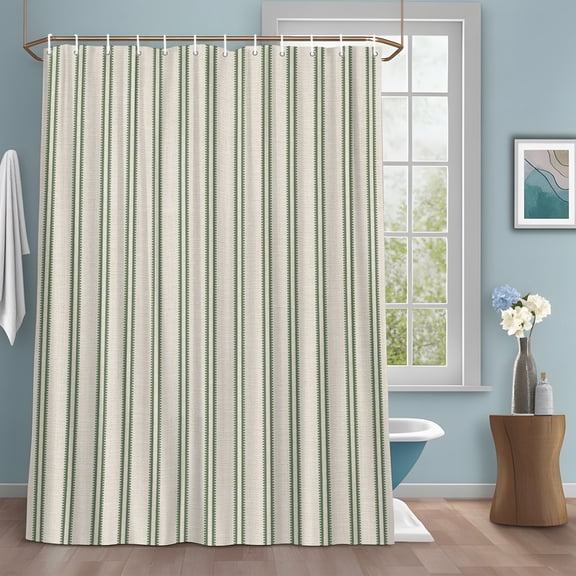 Green Ticking Stripe Shower Curtain with Hooks, Minimalist Vertical Lines Khaki Water Repellent Shower Curtains for Bathroom Decor Sturdy Shower Curtain, Machine Washable 54x78 Inch