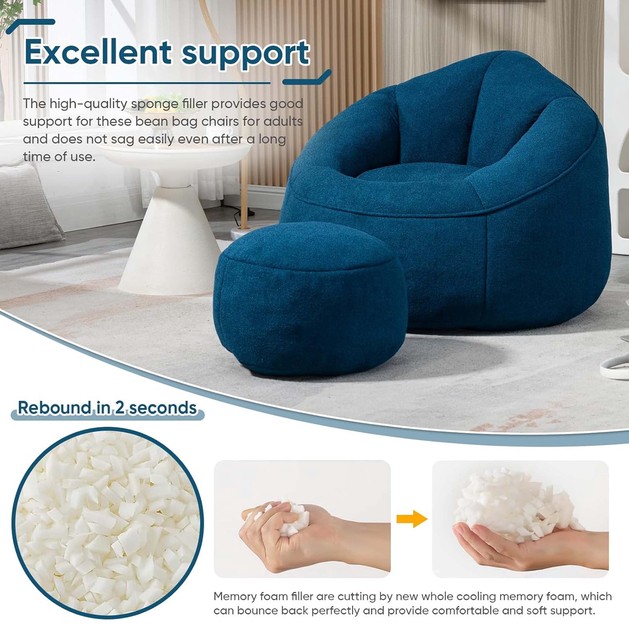 Aukfa Bean Bag Chair, Lazy Sofa Beanbag with Ottoman for Living Room, Dorm - Blue