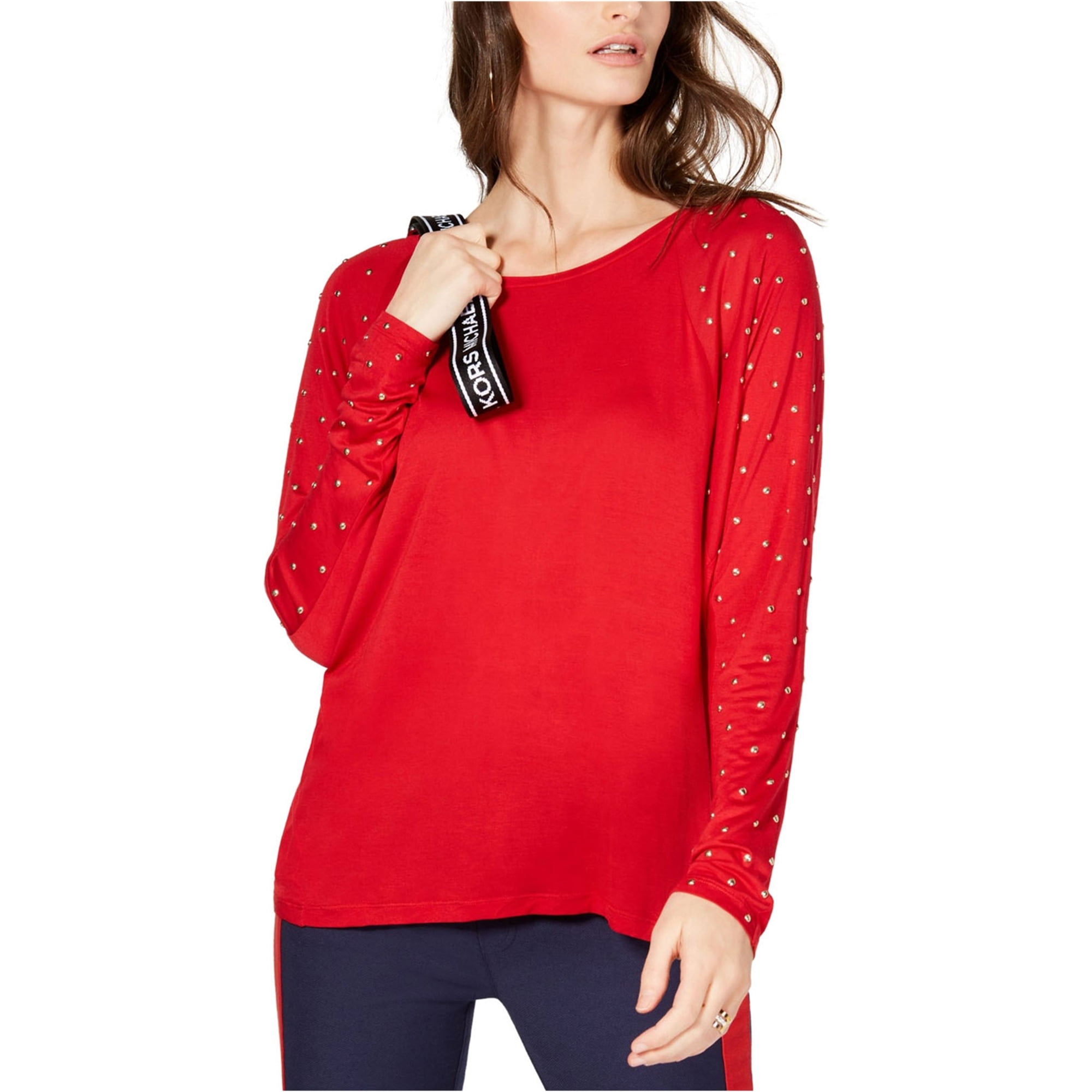 Michael Kors Womens Studded-Sleeve Embellished T-Shirt, Red, Large -  