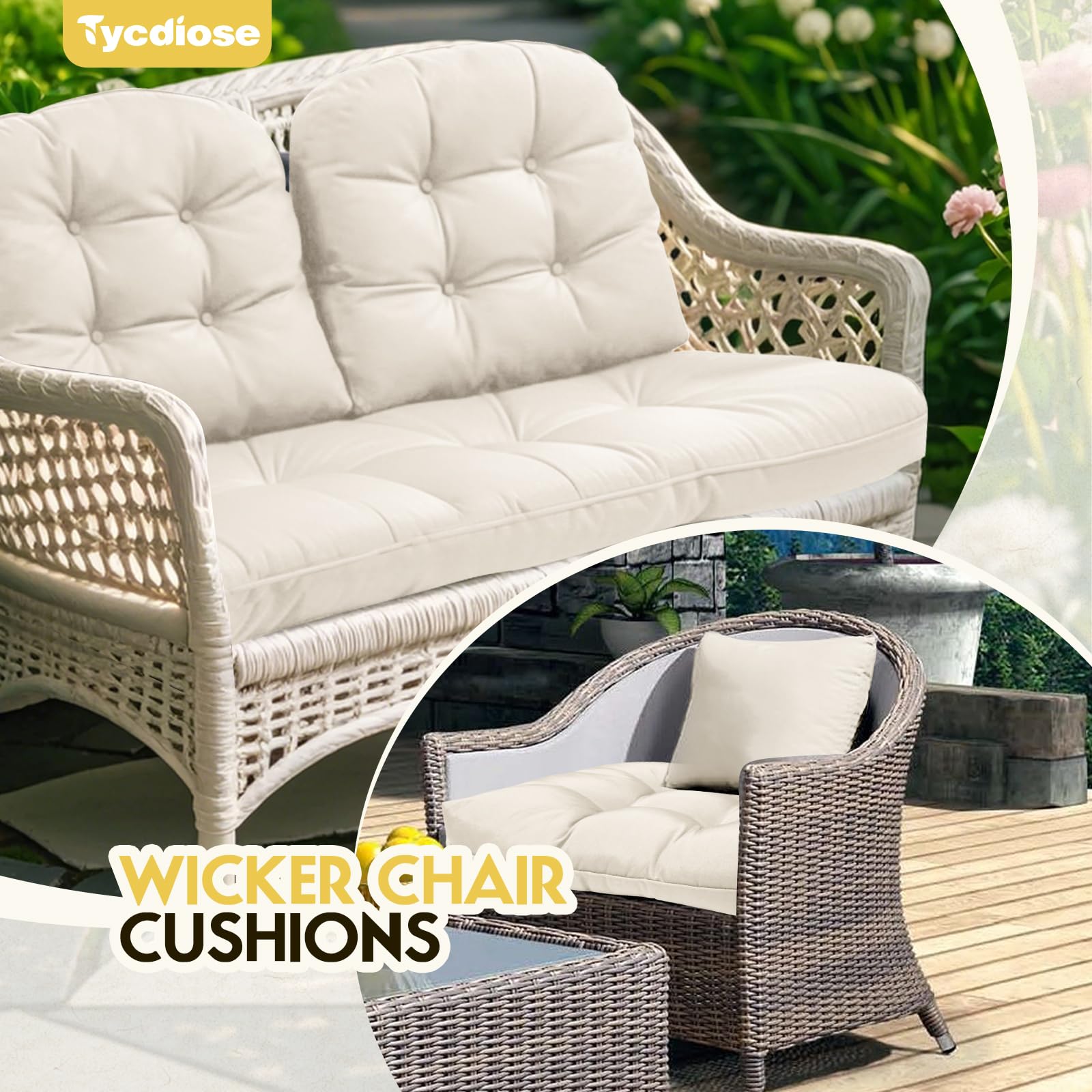 All Weather Wicker Chair Cushions of 3 Pieces, Waterproof Outdoor Wicker Chair Cushion for Patio Furniture Loveseat Settee Bench, 1 Loveseat and 2 U-Shaped Thickened Cushions, Grey