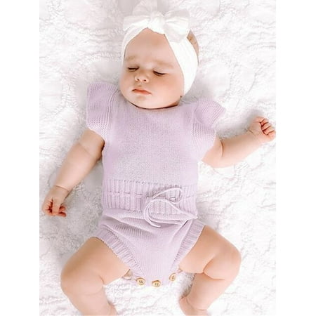 

Vera Natura Infant Newborn Baby Girls Plain Knit Ruffle Sleeveless Drawstring Rompers