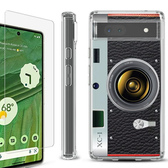 Shockproof Bumper Phone Case for Google Pixel 6a, with Tempered Glass Screen Protector, by OneToughShield ® - Vintage Camera