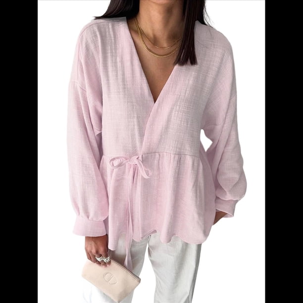 Tops para Mujer, Informales, con Lazo Frontal, Estilo Babydoll, de Otoño, de Larga, con Cuello en V, Ropa Peplum Rosa XL