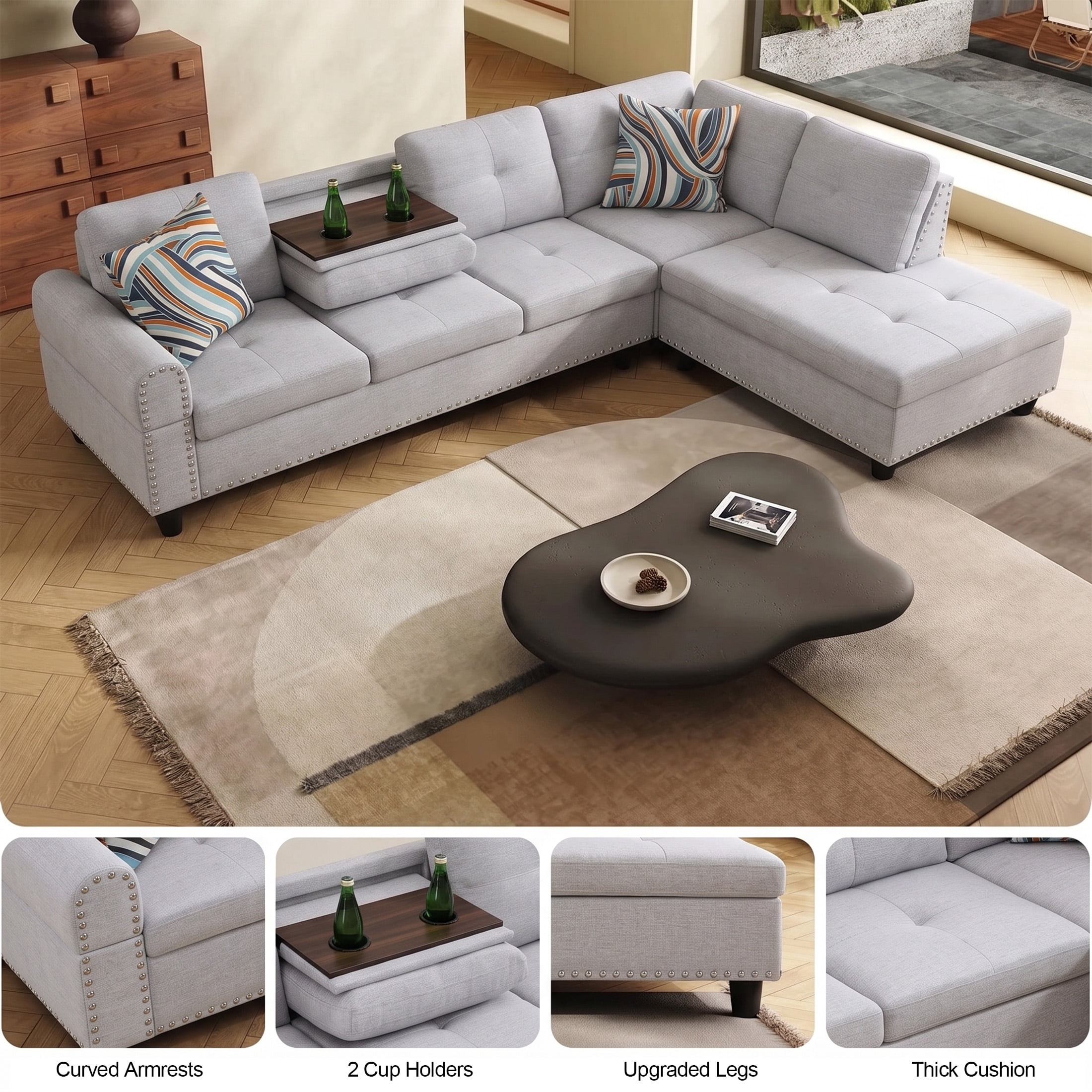 AENKYO 98" L-Shaped Sectional Sofa with Reversible Chaise and Cup Holders, Flannel, Light Gray