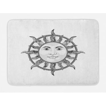Sun Bath Mat, Monochrome Ornamental Zentangle Heavenly Body with Human Face Design Ethnic Pattern, Non-Slip Plush Mat Bathroom Kitchen Laundry Room Decor, 29.5 X 17.5 Inches, Black White, Ambesonne