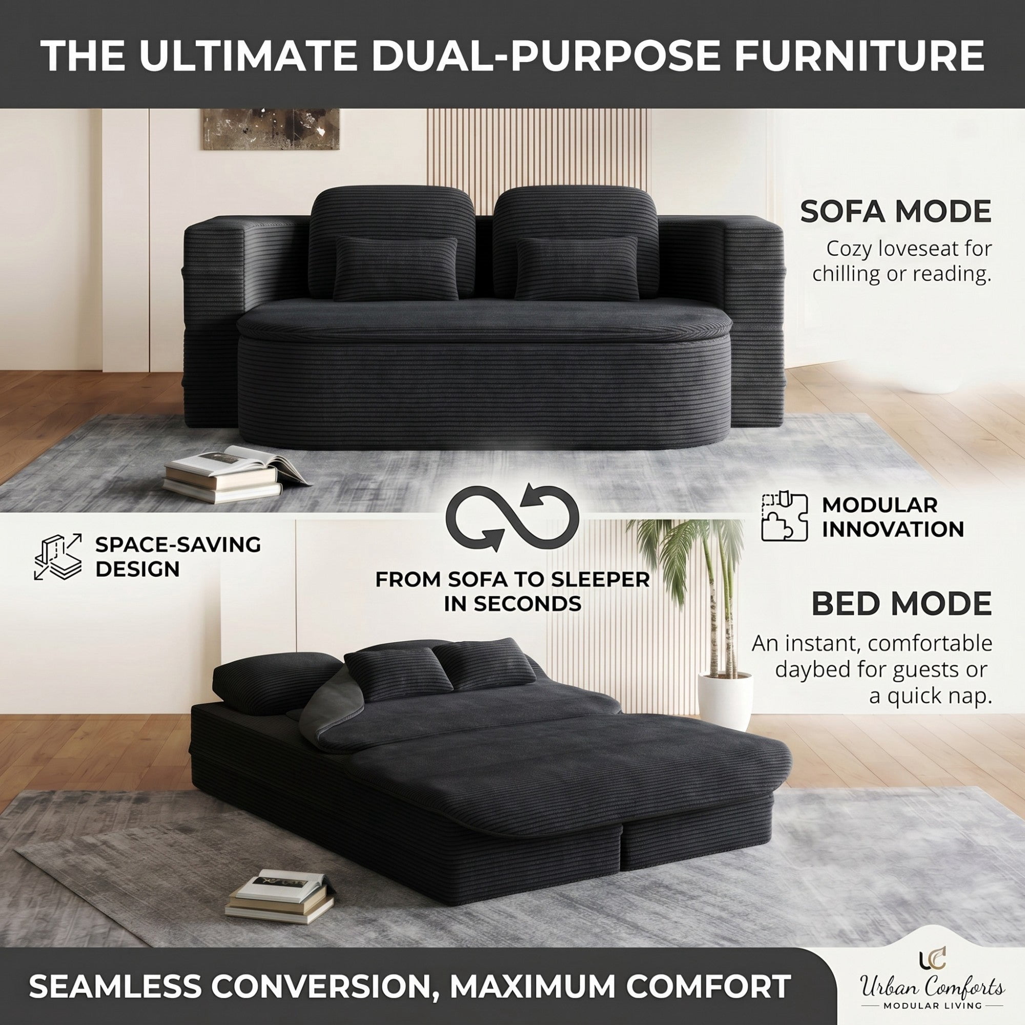 Sailvan 75" Convertible Sleeper Sofa, Corduroy Floor Couch to Full Bed with Blanket and 4 Pillows Black