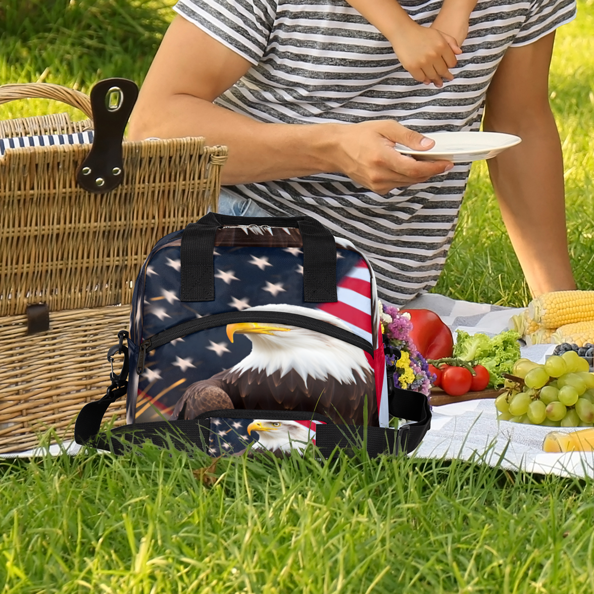 Herdesigns American Flag Eagles Insulated Lunch Bag for Women Men Adults Large Reusable Lunch Box 4th of July Leakproof Cooler Tote Bags with Adjustable Shoulder Strap