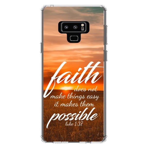 DistinctInk Clear Shockproof Hybrid Case for Samsung Galaxy Note 9 - TPU Bumper, Acrylic Back, Tempered Glass Screen Protector - Luke 1:37 - Faith Does Not Make Easy Makes Possible