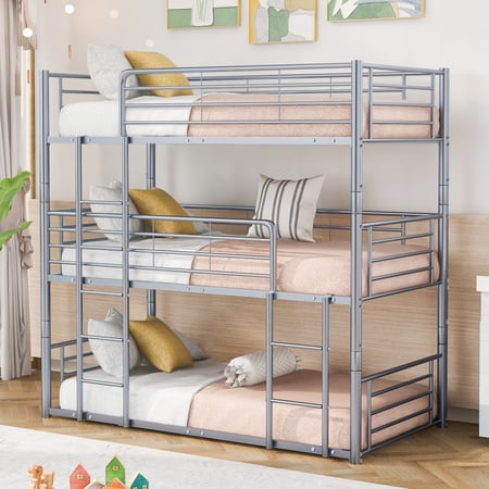 Metal Triple Bunk Beds Twin Over Twin Over Twin Bunk Bed Can Divided into Three Separate Beds  3 Bed in 1 Triple Bed with Built-in Ladder for Kids Teens Adults Gray