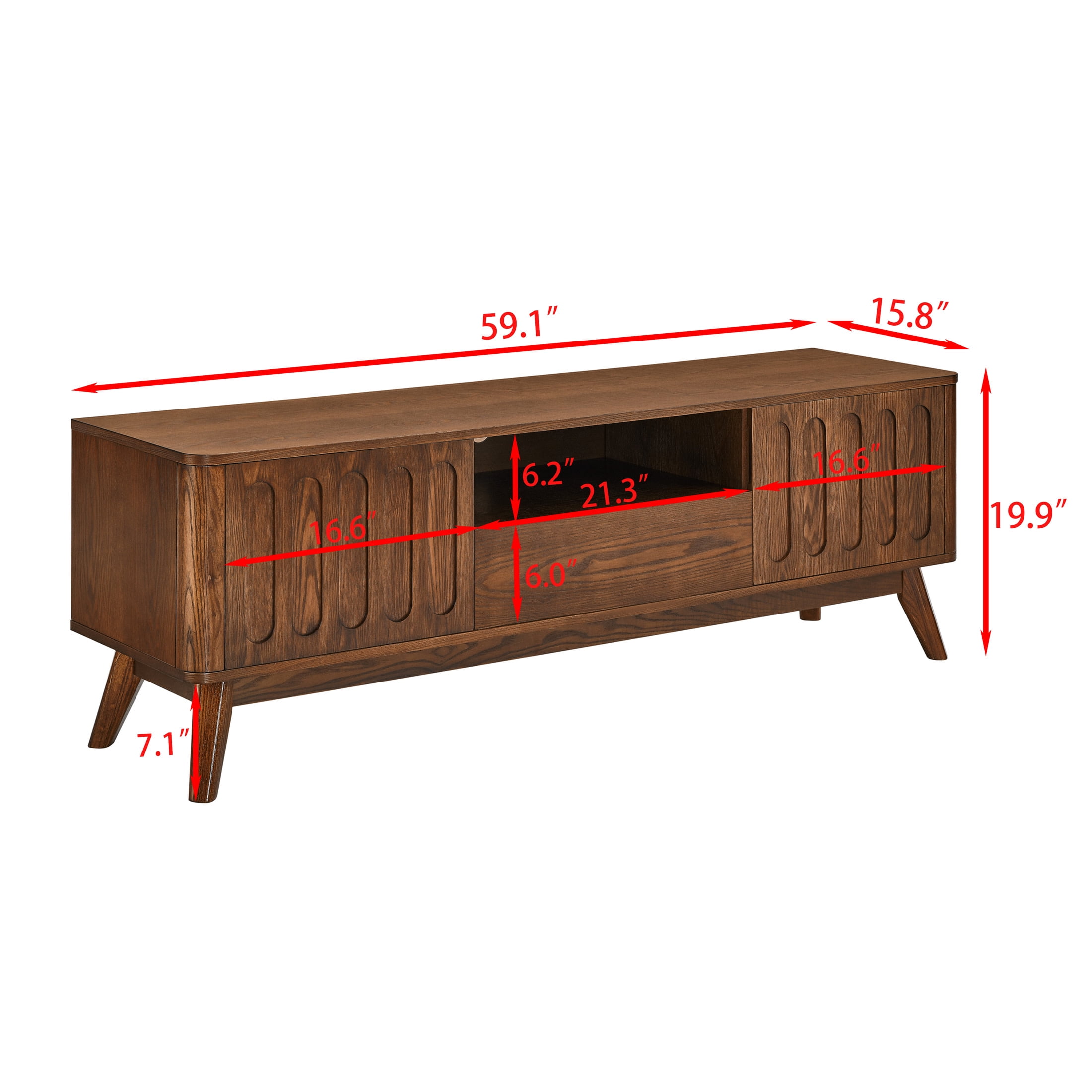 Noble House Mid-Century Modern Fluted TV Stand for 65" TV, Entertainment Console with Storage, Solid Wood Legs, Walnut