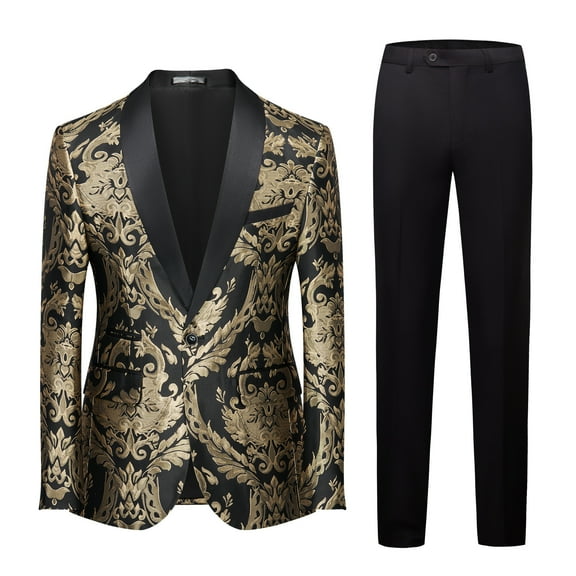 Mens Suits Paisley Floral  Slim Fit 2 Piece Formal Skinny Tuxedo Blazer Pants Set for Prom Wedding Party Jacket- Black & Goldr