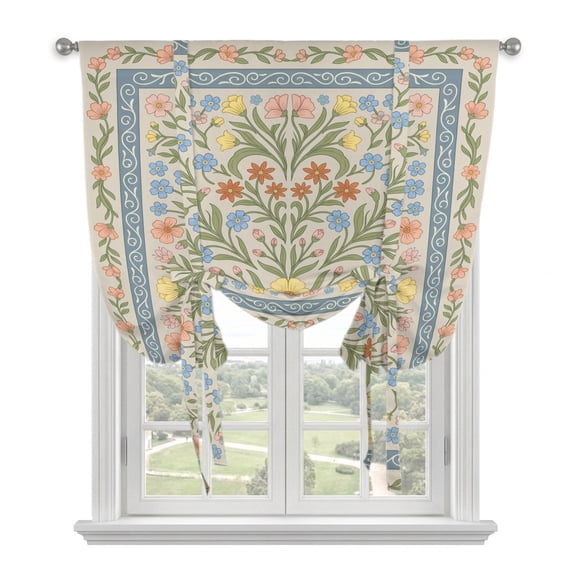 Farmhouse Boho Tie Up Curtains for Windows, Adjustable Balloon Window Shades, Retro Chic Neutral Flowers Leaves Vines Kitchen Window Treatments Adjustable Roll Up Curtain for Basement/Nursery 52"x45"