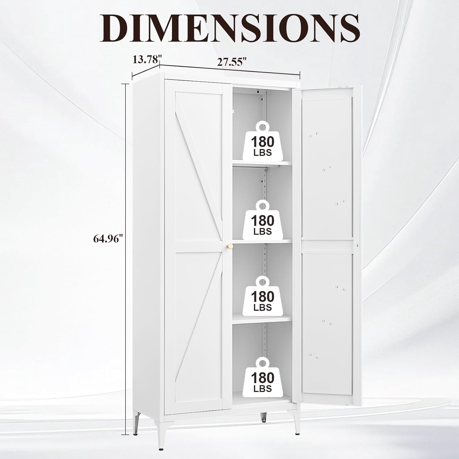 Howcool 65" 2-Door Steel Storage Cabinet with Adjustable Shelves for Kitchen Living Room Office, White
