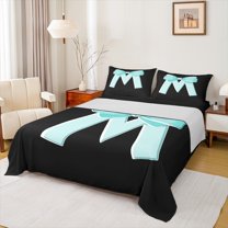 Manfei Monogrammed Bowknot M Queen Sheet Sets, Cyan Cute Dreamy Bowknot Flat Sheet, Cartoon Initial Letter Queen Fitted Sheet, Breathable Home Decor, 4pcs