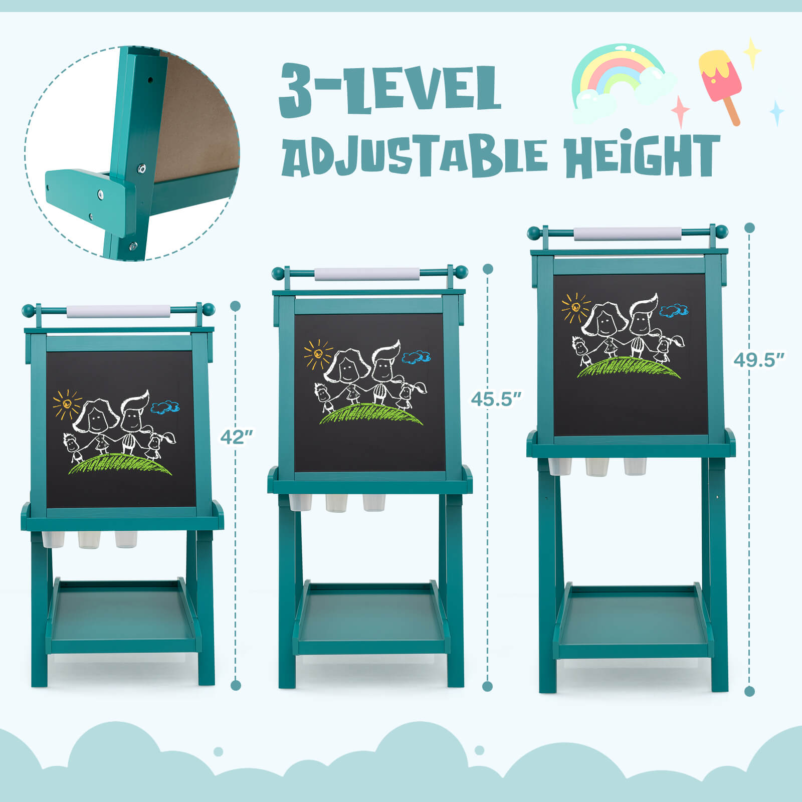 Infans Foldable Easel for Kids 3-in-1 Double-sided Art Easel with Chalkboard Gray