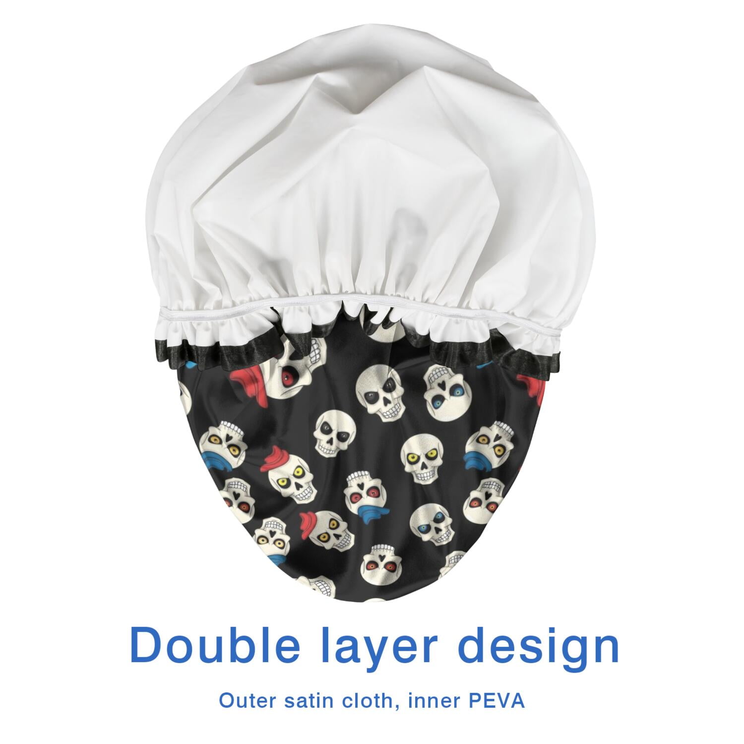 Shower Caps,Black Cartoon Skull Pattern Waterproof Shower Cap for Women 4 Pieces,Double Reusable Hair Cover for Shower PEVA Elastic Stretch Hem