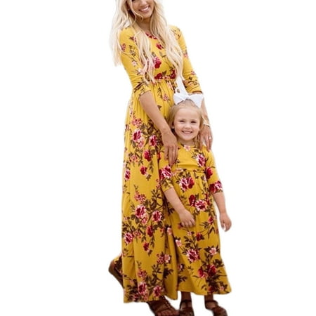 Mommy and Me Matching Long Sleeve Floral Print Long Maxi Dress Family High Waist Pleated Long Dress with Pockets