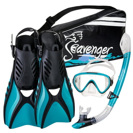 Seavenger Advanced Snorkeling Set with Panoramic Mask, Trek Fins, Dry Top Snorkel & Gear Bag (Clear Silicone/Teal, (Snorkeling Gear Reviews Best)
