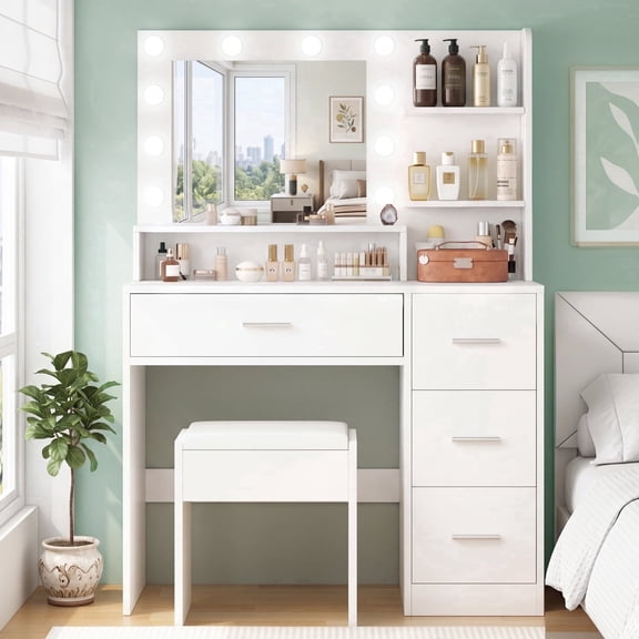 Vanity Desk with LED Mirror & Stool, Makeup Vanity Set with Adjustable Lighting, Large Storage Drawer, Modern Minimalist Dressing Table for Bedroom,White