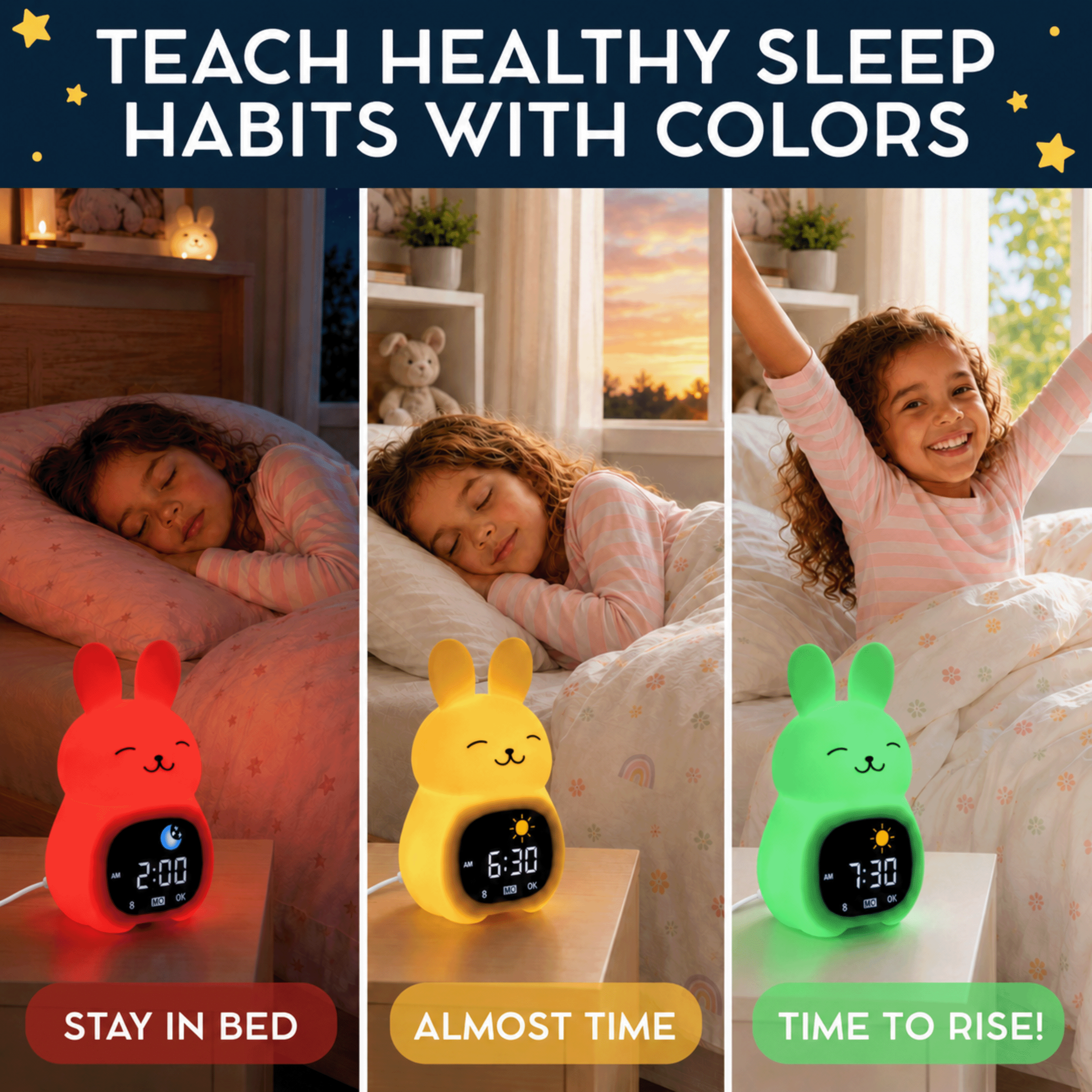 Bumble & Bright Kids Alarm Clock – App-Controlled Sleep Trainer with 8 Night-Light Colors, 6 Soothing Sounds & Backup Battery – USB-C Corded Bunny Clock for Boys & Girls