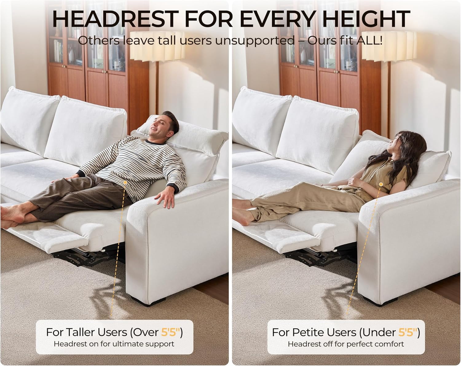BEDEEP 134'' Power Recliner Sofa with Headrest Console, Modular Cloud Sectional Chenille Reclining Couch with Charging Station, Convertible 5-Seater Sofa Couch for Living Room RV, White