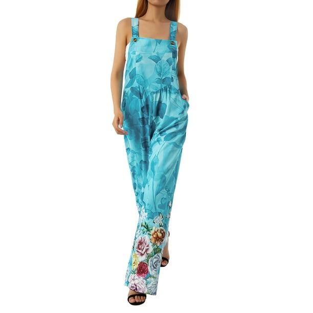 Boiiwant Women Baggy Overalls Rompers Floral Printed Wide Leg Flowy Jumpsuit  Beach Cover Ups Boho Sleeveless Romper with Pockets 