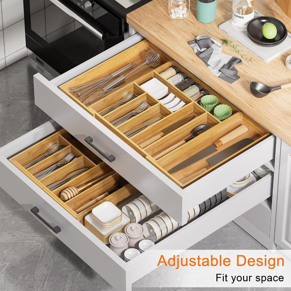 Bamboo Utensil Organizer for Kitchen Drawers, Utensil Tray and Cutlery Silverware Holder,Wood Drawer Dividers with 5 Slots