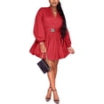 thumbnail image 3 of Womens Mini Dress Puff Sleeve Dresses  Button Down Sexy V Neck A Line Party Clubwear with Belt, 3 of 4