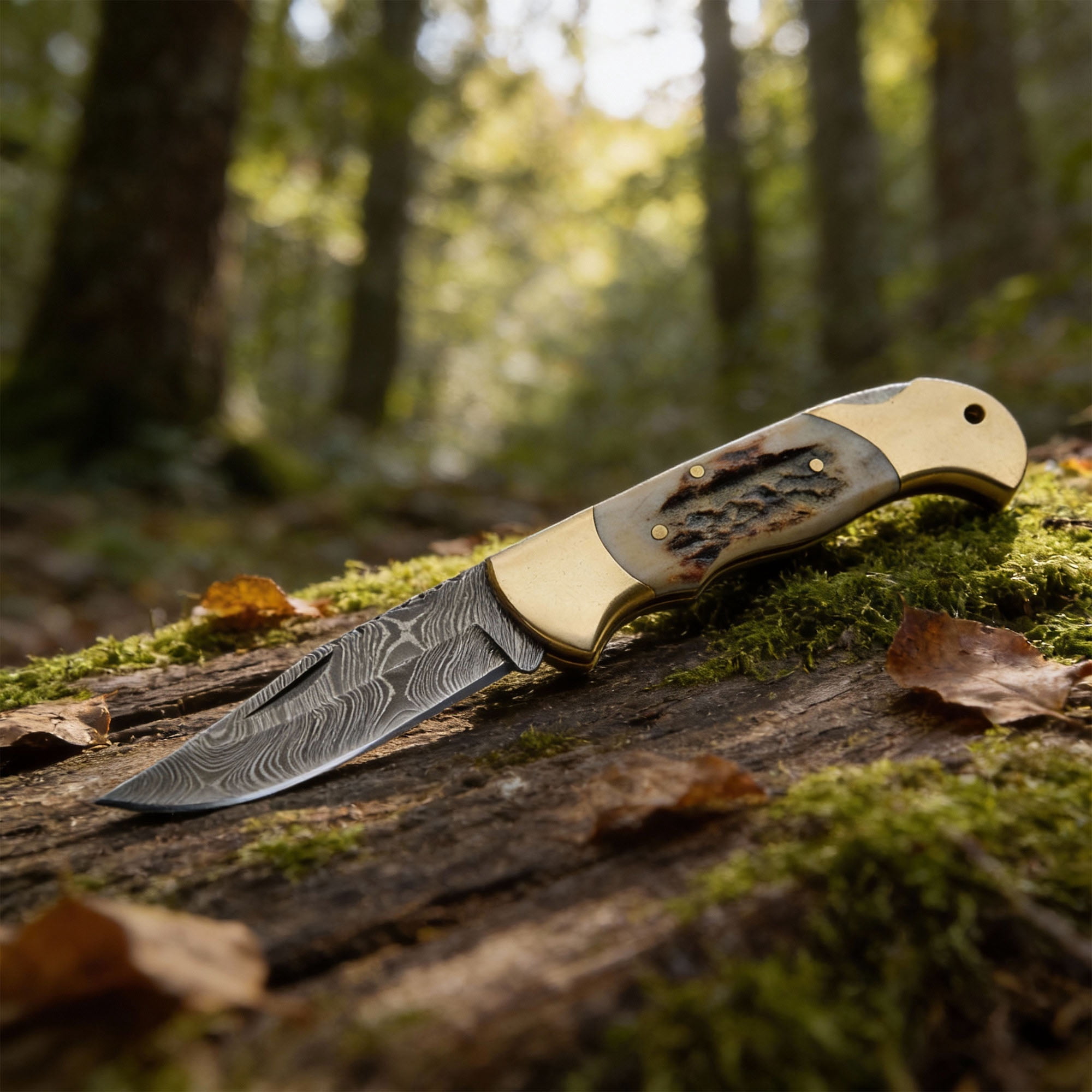 SANZ 4.25 Inch Curved Lockback Folding Utility Knife with Damascus Pattern Blade and Stag Handle",