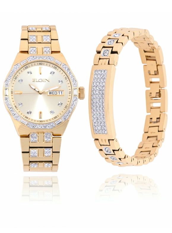 Elgin Adult Male Watch and Bracelet Set in Gold and Stones in (FG180016ST)