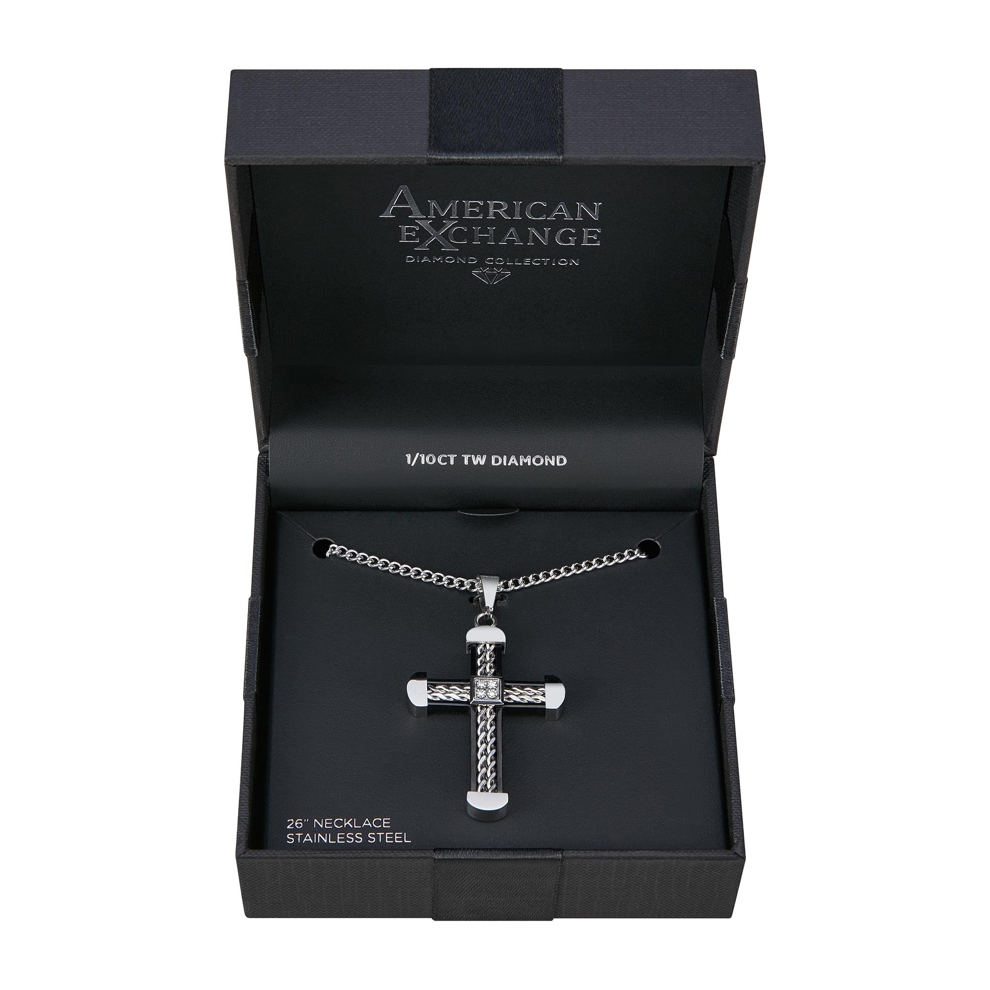American Exchange Men's Diamond Stainless Steel Silver Cross Pendant Necklace
