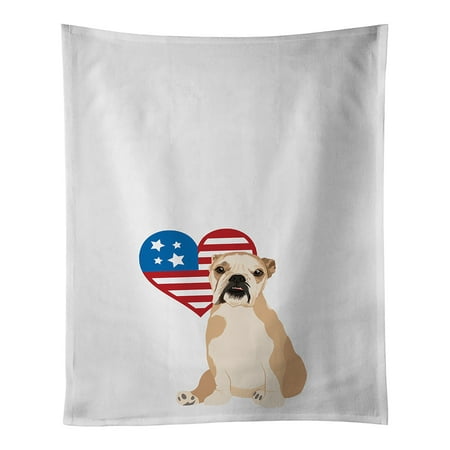 

English Bulldog Fawn Puppy Patriotic White Kitchen Towel Set of 2 19 in x 28 in