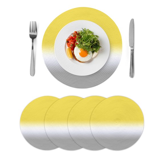 Yellow White Grey Ombre Round 13 Inch Placemats Set of 4, Modern Abstract Aesthetics HeatResistant Non Slip Place Mats for Dining Table, Wipeable Braided Kitchen Table Mats for Housewarming