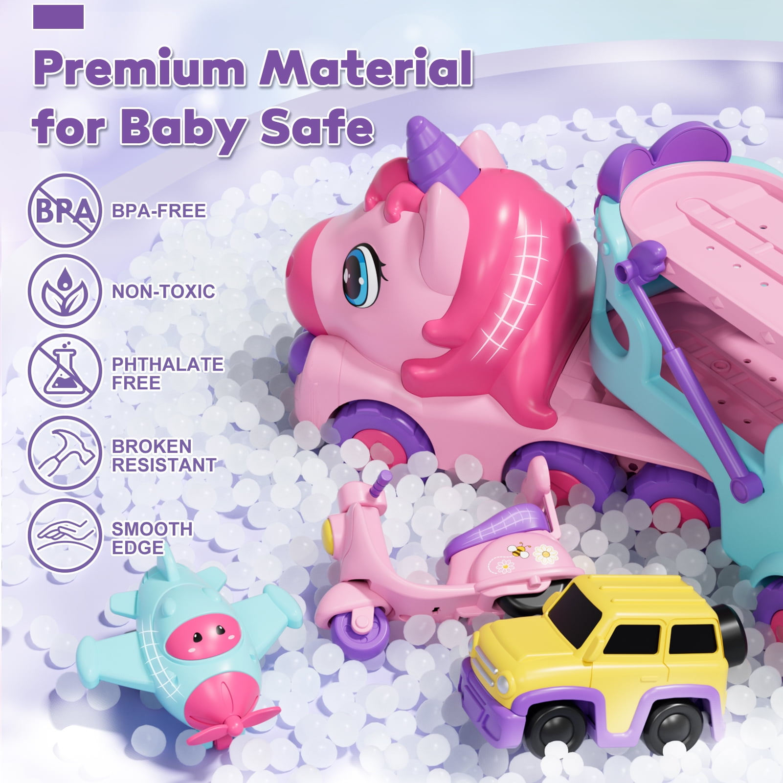 Toddler Girl Toys, 5-in-1 Unicorn Transport Truck for 2 3 4 Year Old Girls, Kids Toy for 2+ Year Old Girls with Light & Music, Toddler Toy Truck Car for 2-4 Girls Birthday Gift