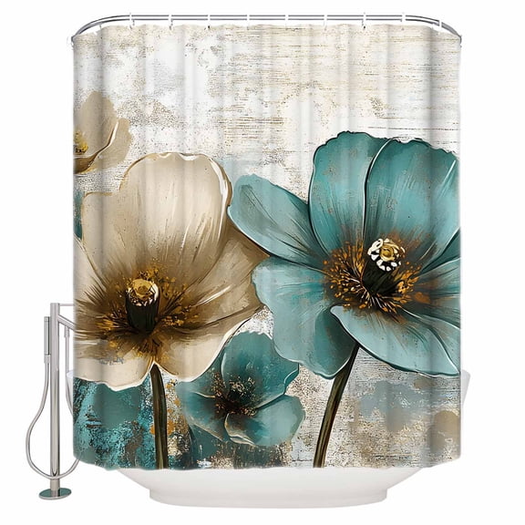 Retro Beige Teal Flowers Shower Curtain, 36" x 72", Vintage Background Pastoral Style Waterproof Bathroom Curtain Washable Shower Curtain Set with 12 Hooks