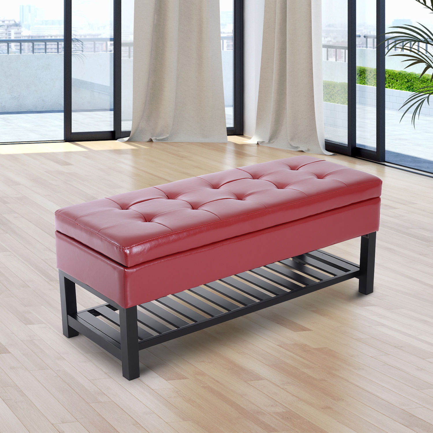 Homcom 44 Tufted Faux Leather Ottoman Storage Bench With Shoe Rack Walmart Com Walmart Com