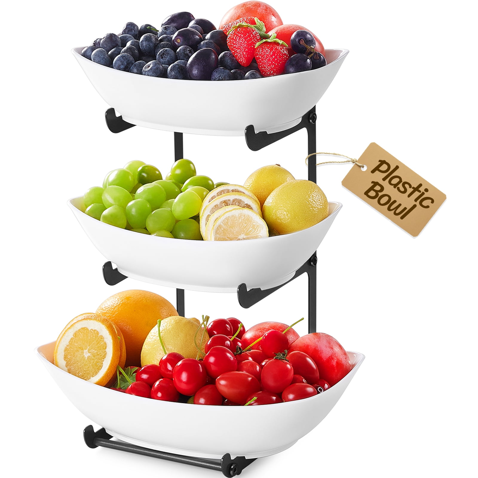 Lifewit Plastic Fruit Bowl Basket for Kitchen Countertop, 3 Tier Fruit Holder with Black Metal Stand, Serving Tray for Food, Vegetable, Cake, Dessert in Party