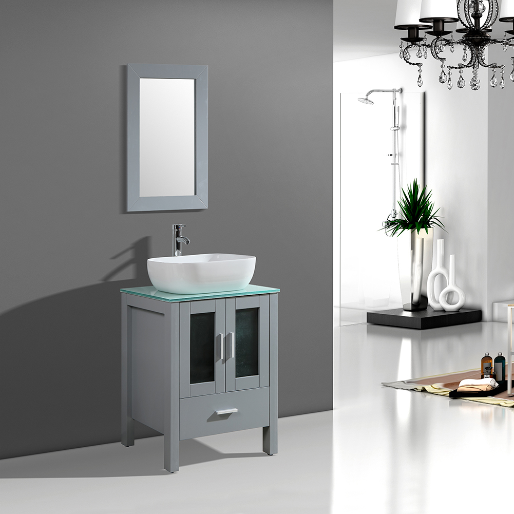 DodreHome 24" Gray Bathroom Vanity with Glass Top Combo with