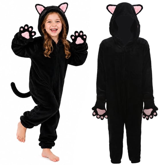 GOBWCOT Kids Onesie Pajamas Animal Hooded Jumpsuit Black Cat One-piece Sleepwear Christmas Halloween Costume Cosplay for Boys and Girls