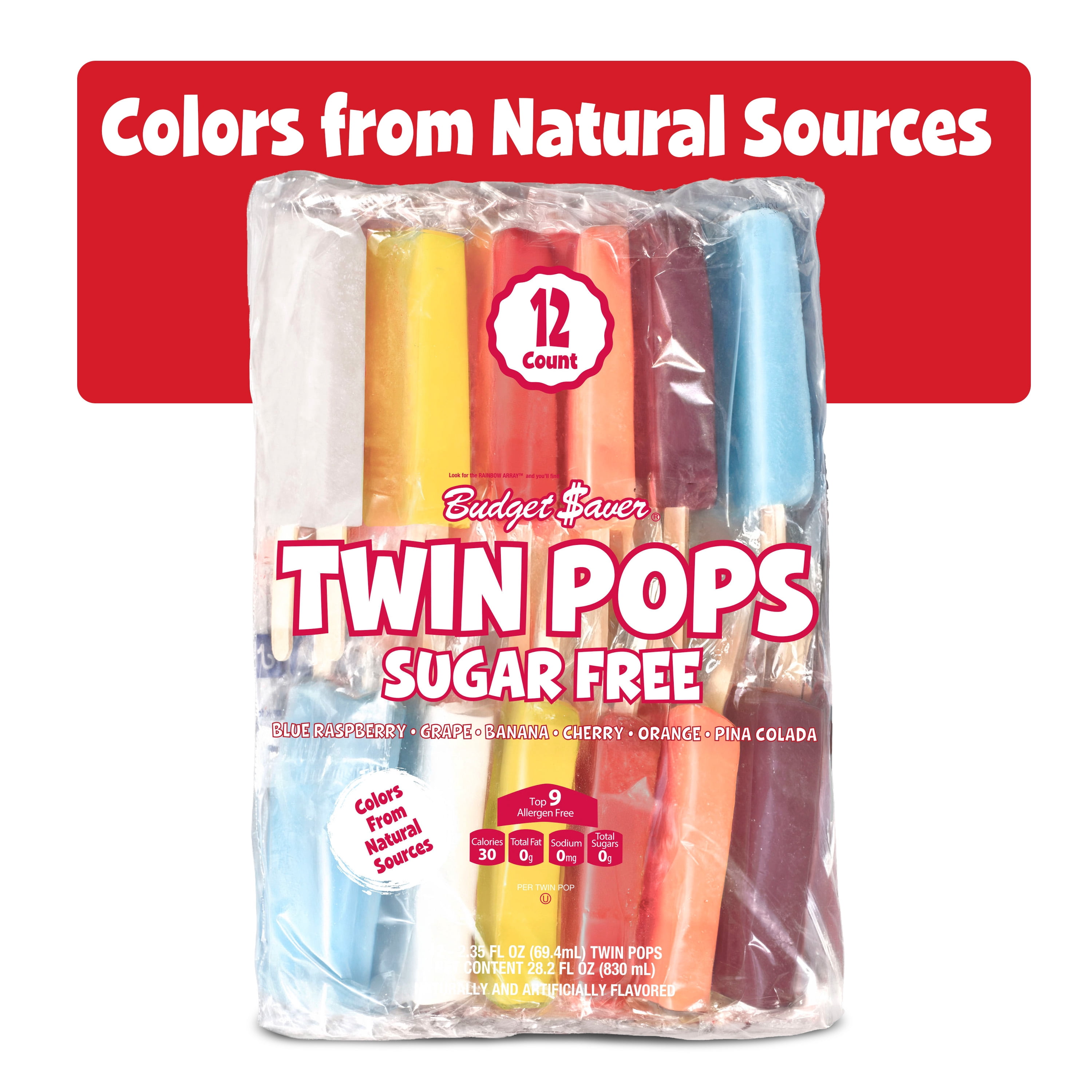 Budget Saver Sugar Free Twin Pops, Assorted Flavors, 12 Count, Popsicles with Natural Colors