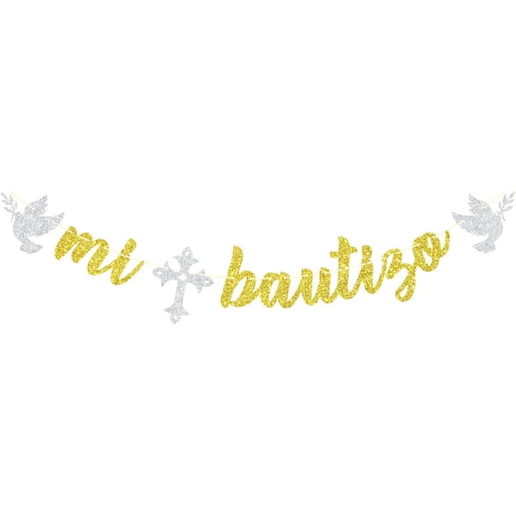 Mi Bautizo Banner, Spanish Baptism Decorations, First Holy Communion/God Bless Banner, Christening Party Supplies, Religious Baby Shower Decoration Gold Glitter