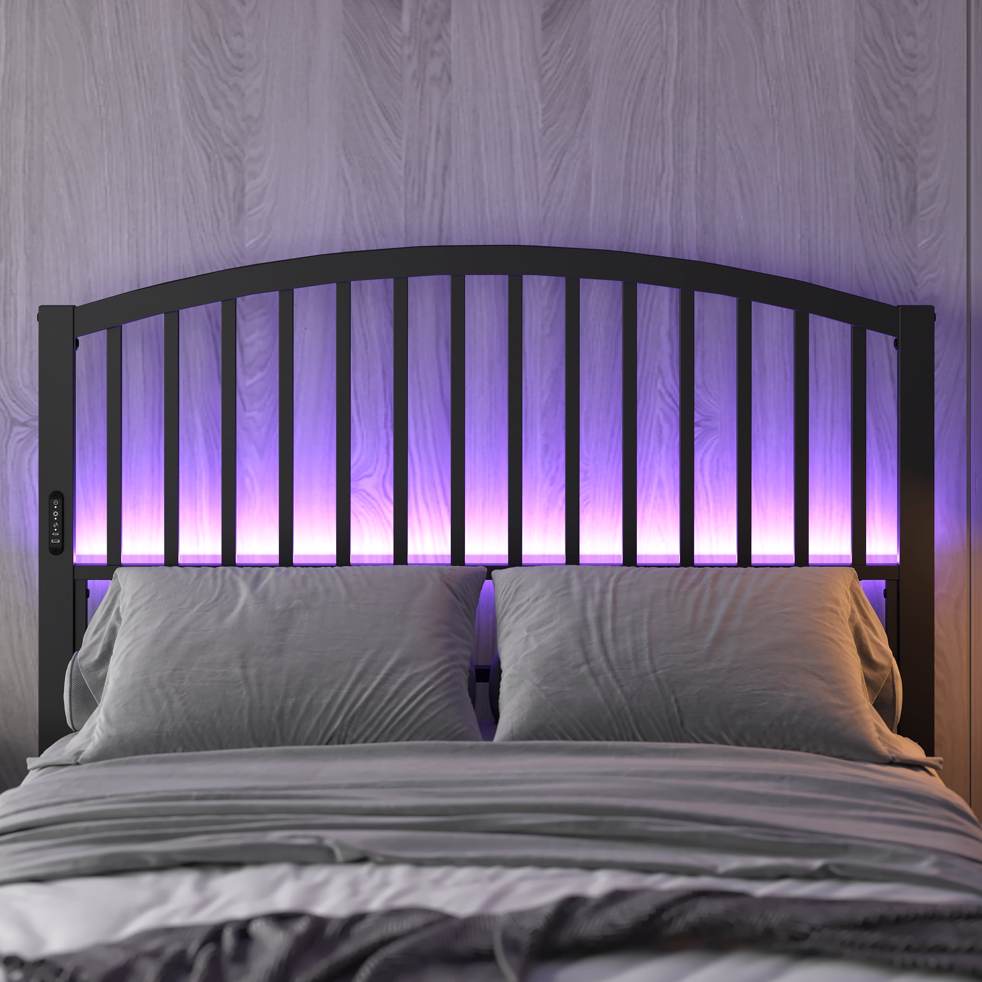 Yoneston 46.76” High Arc Metal Queen Size Headboard with LED Light & Charging, Height Adjustable Metal Platform Bed Headboard – Black