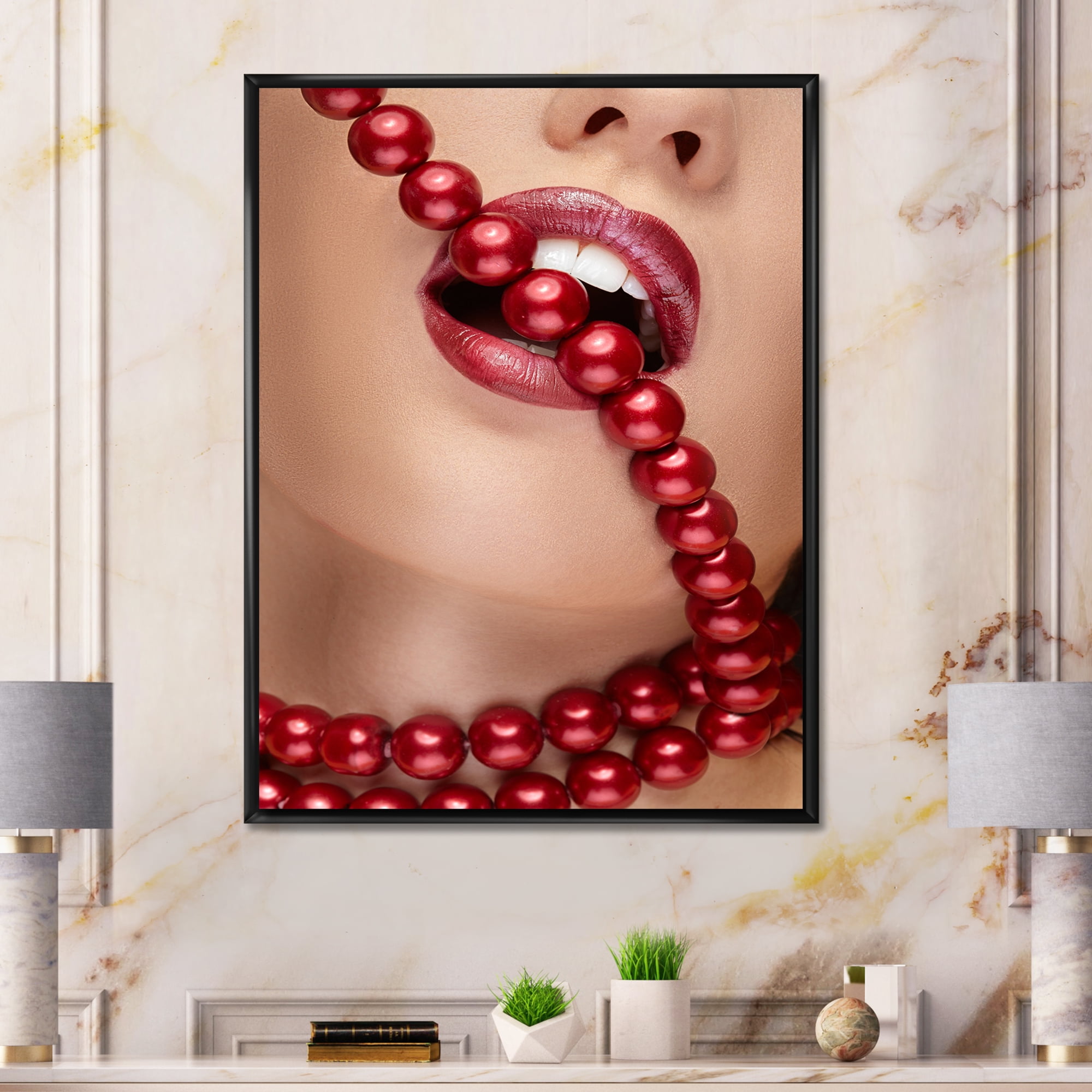 Designart 'Girl Mouth With Red Lipstick Biting Red Pearls' Modern Framed Canvas Wall Art Print