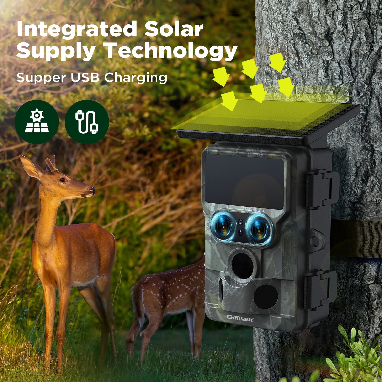 CAMPARK Solar Powered Trail Camera with SD Card WiFi 60MP 4K UHD Dual Lens Game Camera with IMX458 Sensors 0.1s Motion Activated Night Vision Waterproof Hunting Trail Cam for Wildlife Monitoring</div