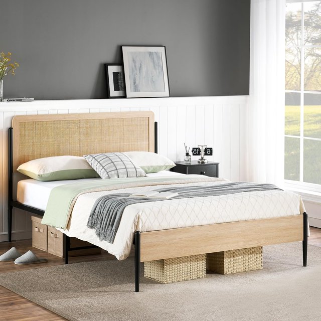 Bed Frame with Natural Rattan Headboard, Full/Queen Size Platform Bed Frame with Strong Metal Slats Support, Boho Cane/Mattress Foundation/No Box Spring Needed